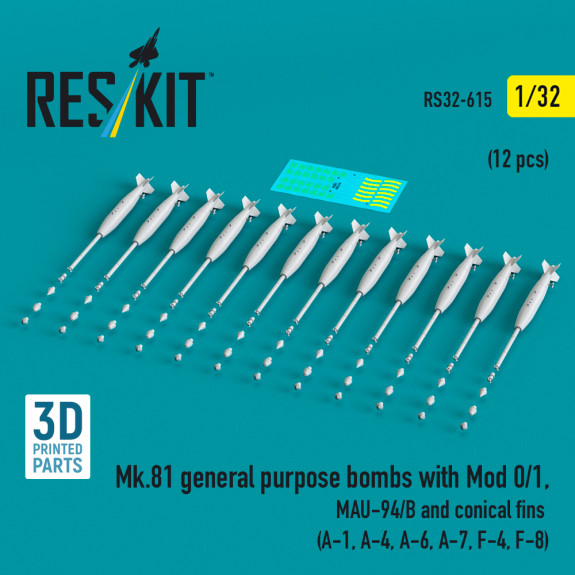 Mk.81 general purpose bombs with Mod 0/1, MAU-94/B and conical fins (12 pcs) (A-1, A-4, A-6, A-7, F-4, F-8) (3D Printed) (1/32) Shop Mk.81 general purpose bombs with Mod 0/1, MAU-94/B and conical fins (12 pcs) (A-1, A-4, A-6, A-7, F-4, F-8) (3D Printed) (1/32) Scale Plastic Models Kits. Accessories and Resin Parts. Reskit online Store