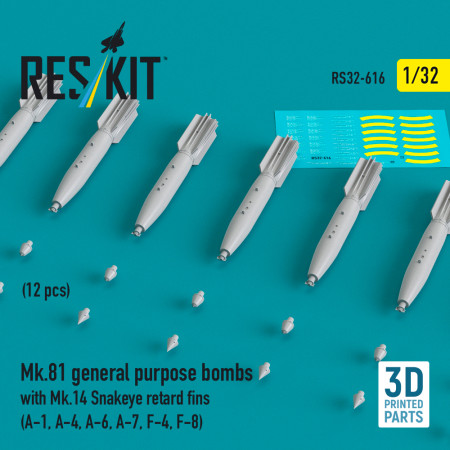 Shop Mk.81 general purpose bombs with Mk.14 Snakeye retard fins (12 pcs) (A-1, A-4, A-6, A-7, F-4, F-8) (3D Printed) (1/32) Scale Plastic Models Kits. Accessories and Resin Parts. Reskit online Store