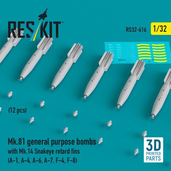 Shop Mk.81 general purpose bombs with Mk.14 Snakeye retard fins (12 pcs) (A-1, A-4, A-6, A-7, F-4, F-8) (3D Printed) (1/32) Scale Plastic Models Kits. Accessories and Resin Parts. Reskit online Store