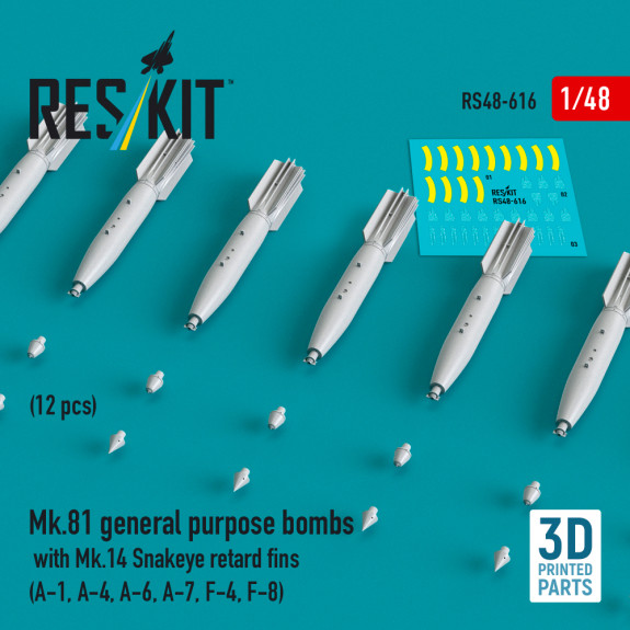 Mk.81 general purpose bombs with Mk.14 Snakeye retard fins (12 pcs) (A-1, A-4, A-6, A-7, F-4, F-8) (3D Printed) (1/48) Shop Mk.81 general purpose bombs with Mk.14 Snakeye retard fins (12 pcs) (A-1, A-4, A-6, A-7, F-4, F-8) (3D Printed) (1/48) Scale Plastic Models Kits. Accessories and Resin Parts. Reskit online Store