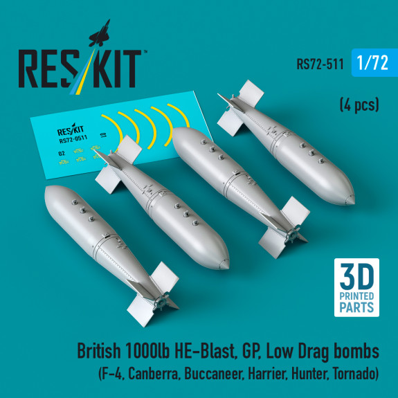 Shop British 1000lb HE-Blast, GP, Low Drag bombs (4 pcs) (3D printed) (1/72) Scale Plastic Models Kits. Accessories and Resin Parts. Reskit online Store