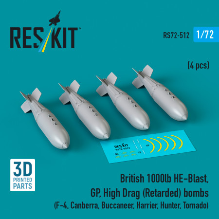 British 1000lb HE-Blast, GP, High Drag (Retarded) bombs (4 pcs) (3D printed) (1/72) Shop British 1000lb HE-Blast, GP, High Drag (Retarded) bombs (4 pcs) (3D printed) (1/72) Scale Plastic Models Kits. Accessories and Resin Parts. Reskit online Store