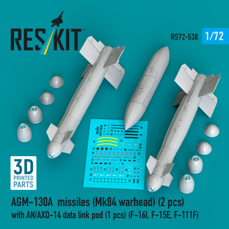 Shop AGM-130A missiles (Mk84 warhead) (2 pcs) with AN/AXQ-14 data link pod (1 pcs) (3D Printed) (1/72) Scale Plastic Models Kits. Accessories and Resin Parts. Reskit online Store