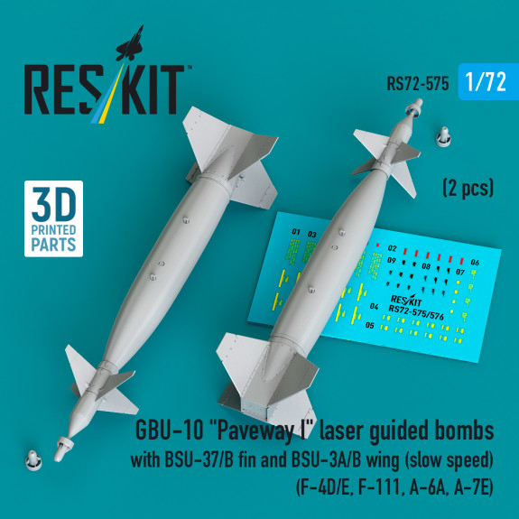 Shop GBU-10 "Paveway I" laser guided bombs with BSU-37/B fin and BSU-3A/B wing (slow speed) (2 pcs) (3D Printed) (1/72) Scale Plastic Models Kits. Accessories and Resin Parts. Reskit online Store