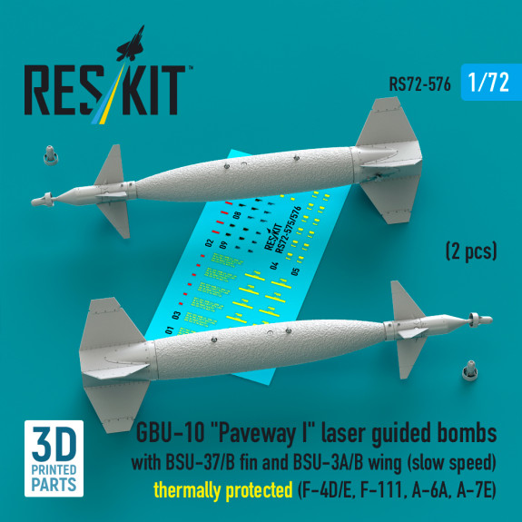 Shop GBU-10 "Paveway I" laser guided bombs with BSU-37/B fin and BSU-3A/B wing (slow speed) thermally protected (2 pcs) (3D Printed) (1/72) Scale Plastic Models Kits. Accessories and Resin Parts. Reskit online Store