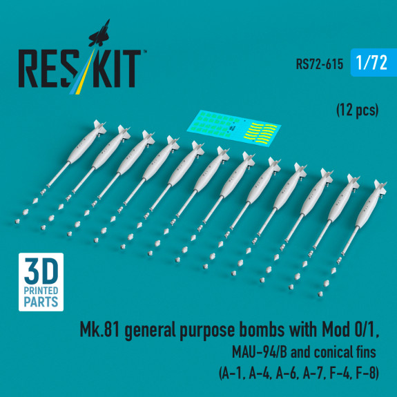 Mk.81 general purpose bombs with Mod 0/1, MAU-94/B and conical fins (12 pcs) (A-1, A-4, A-6, A-7, F-4, F-8) (3D Printed) (1/72) Shop Mk.81 general purpose bombs with Mod 0/1, MAU-94/B and conical fins (12 pcs) (A-1, A-4, A-6, A-7, F-4, F-8) (3D Printed) (1/72) Scale Plastic Models Kits. Accessories and Resin Parts. Reskit online Store