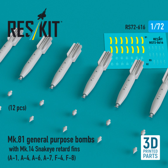 Mk.81 general purpose bombs with Mk.14 Snakeye retard fins (12 pcs) (A-1, A-4, A-6, A-7, F-4, F-8) (3D Printed) (1/72) Shop Mk.81 general purpose bombs with Mk.14 Snakeye retard fins (12 pcs) (A-1, A-4, A-6, A-7, F-4, F-8) (3D Printed) (1/72) Scale Plastic Models Kits. Accessories and Resin Parts. Reskit online Store