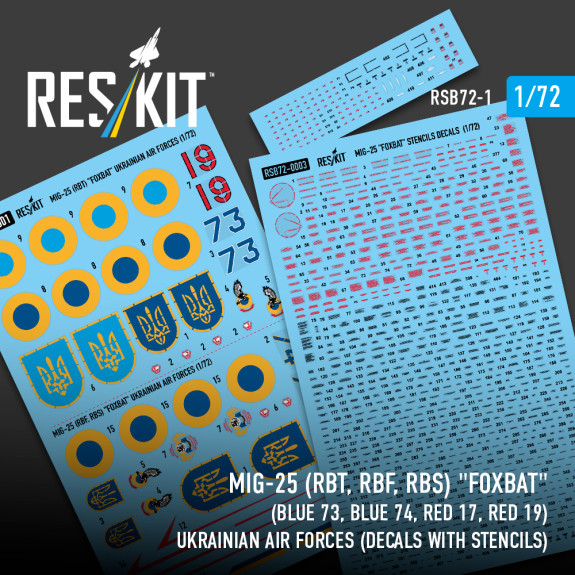 Shop MiG-25 (RBT, RBF, RBS) "Foxbat" (Blue 73, Blue 74, Red 17, Red 19) Ukrainian Air Forces (Decals with Stencils) (1/72) Scale Plastic Models Kits. Accessories and Resin Parts. Reskit online Store