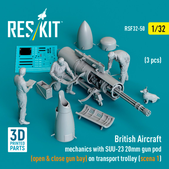 Shop British Aircraft mechanics with SUU-23 20mm gun pod (open & close gun bay) on on transport trolley (scene 1) (3 pcs) (3D Printed) (1/32) Scale Plastic Models Kits. Accessories and Resin Parts. Reskit online Store