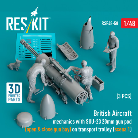 Shop British Aircraft mechanics with SUU-23 20mm gun pod (open & close gun bay) on on transport trolley (scene 1) (3 pcs) (3D Printed) (1/48) Scale Plastic Models Kits. Accessories and Resin Parts. Reskit online Store