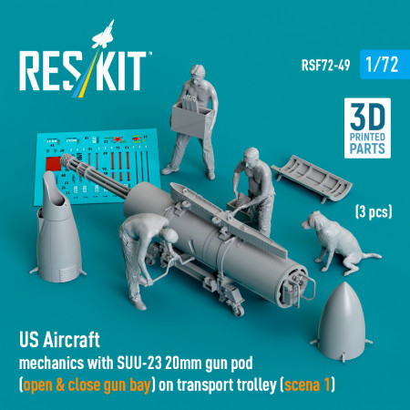 Shop US Aircraft mechanics with SUU-23 20mm gun pod (open & close gun bay) on transport trolley (scene 1) (3 pcs) (3D Printed) (1/72) Scale Plastic Models Kits. Accessories and Resin Parts. Reskit online Store
