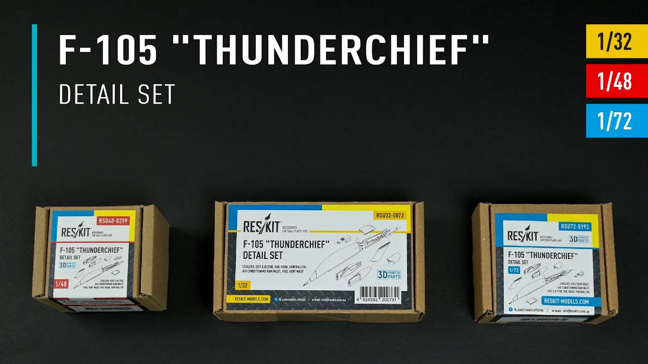 Видео F-105 "Thunderchief" detail set (coolers, exit ejector, fuel vent mast, tail hook,ventral fin, air conditioning ram inlet) (3D Printed) (1/32)