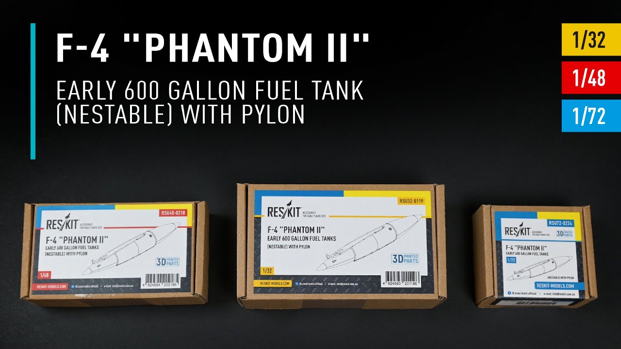 Видео F-4 "Phantom II", ранні 600-галонові паливні баки (нестабільні) з пілоном (1 шт.) (3D Друк) (1/32)