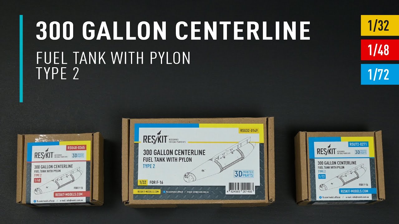 Видео 300 Gallon centerline fuel tank with pylon for F-16 (type 2) (1 pcs) (3D Printed) (1/32)